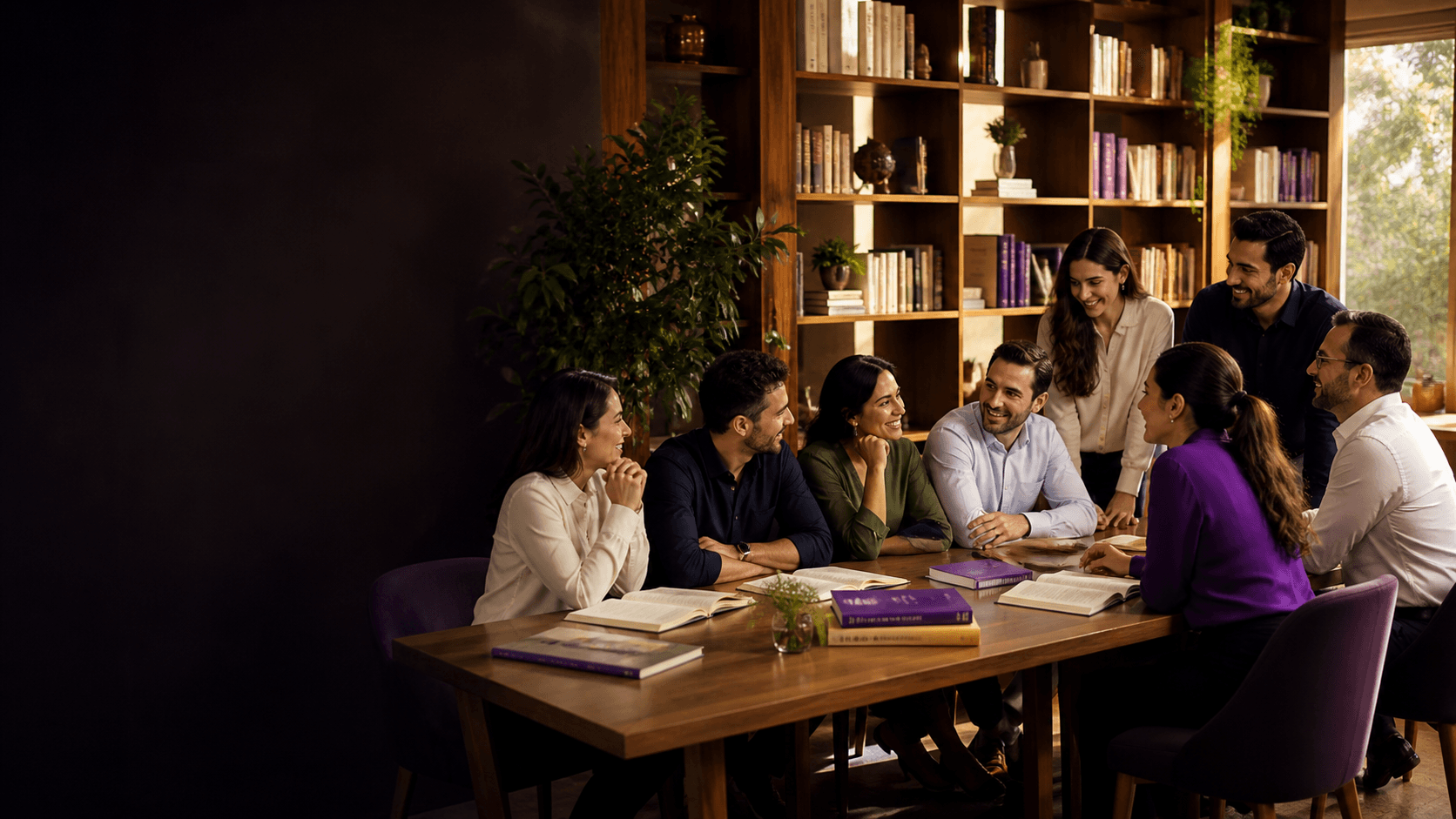 Equipo conectando alrededor de los libros en una experiencia corporativa